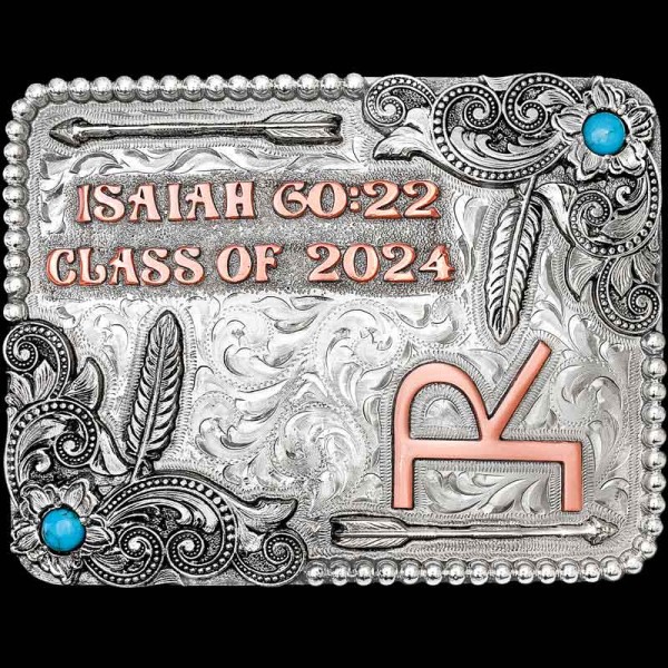 This Beautiful Custom Class Buckle is crafted with inspiration from our Best-Seller, our Truth or Consequences Buckle. Built on a hand-engraved, German Silver Base. This Buckle is detailed with intricate scrollwork, arrow elements, and Copper lettering. 